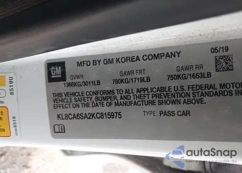 2019 Chevrolet Spark Ls Manual из США, поврежденный, VIN KL8CA6SA2KC815975